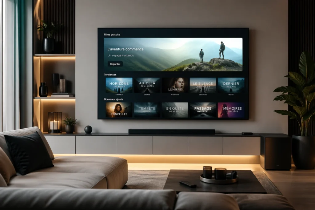 Smart TV affichant une interface d’applications FAST TV dans un salon moderne