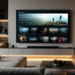 Smart TV affichant une interface d’applications FAST TV dans un salon moderne